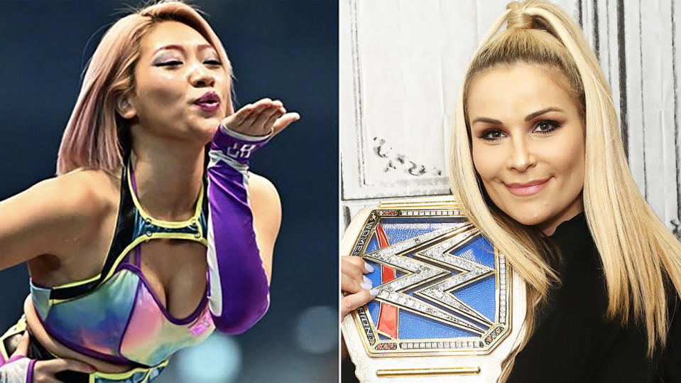 Former WWE star Natalya (pictured right) has come out and asked for online bullying to stop after Japanese wrestler Hana Kimura (pictured left) was found dead at her home. (Getty Images)