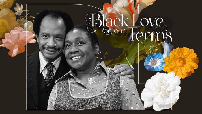 Montage of a couple smiling with text "Black Love on our Terms" and floral graphics