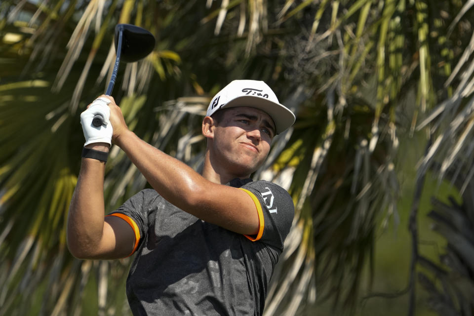 Garrick Higgo, of South Africa, watches his tee shot on the third hole during a practice round at the PGA Championship golf tournament on the Ocean Course Tuesday, May 18, 2021, in Kiawah Island, S.C. (AP Photo/David J. Phillip)