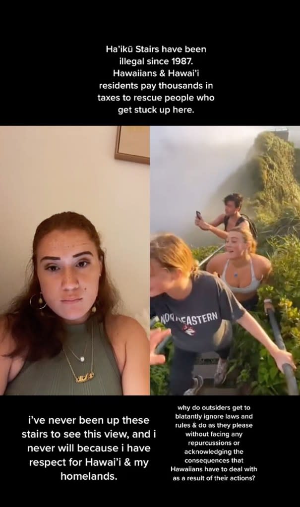 Hawaiian TikTokker Camille Leihulu criticizes travel influencer Sofia McMillan for allegedly ascending the stairs. TikTok / @camilleslagle