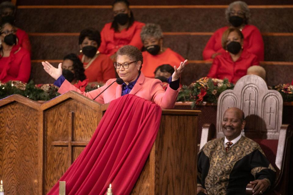 A woman speaks at a church