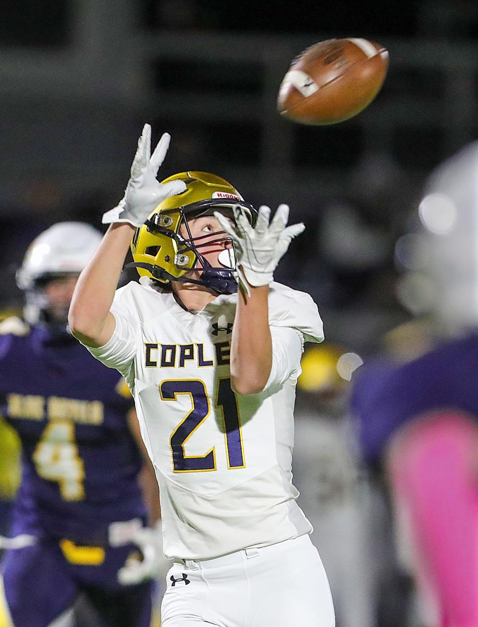 Copley's Andrew McKnight hauls in a second quarter touchdown pass against Tallmadge on Friday, Oct. 14, 2022 in Tallmadge.