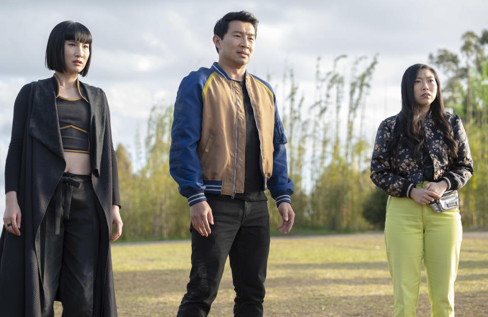 Zhang Meng'er, Simu Liu and Awkwafina in Shang-chi And The Legend Of The Ten Rings. (Still: Disney)