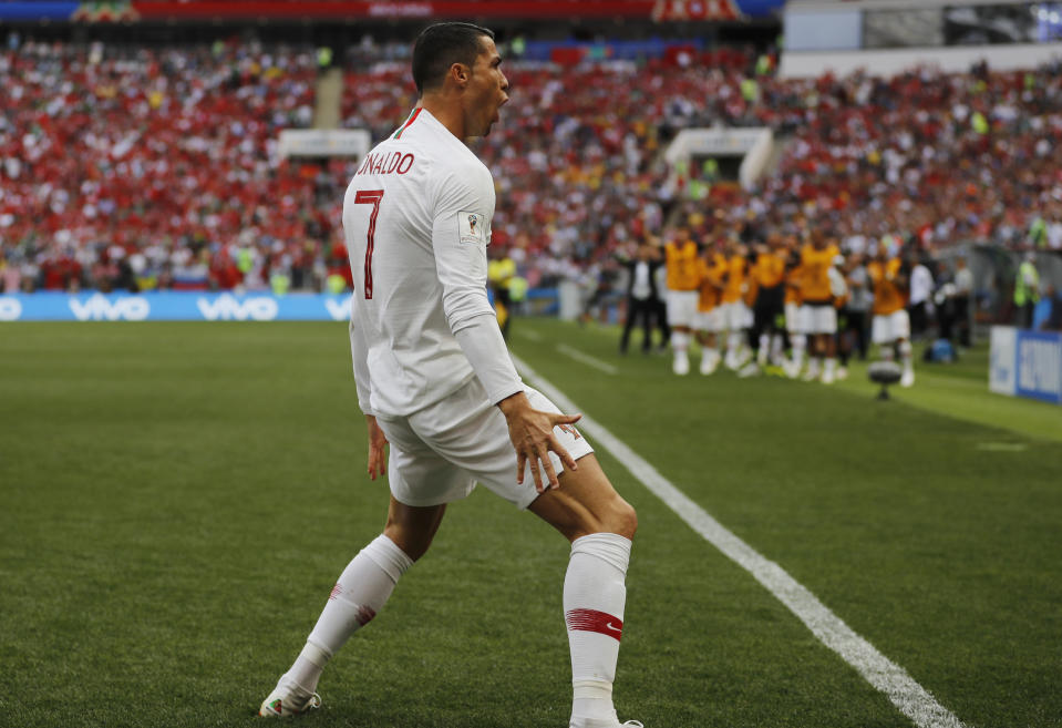 Cristiano Ronaldo celebrates his fourth goal of the 2018 World Cup, and the only one of Portugal’s 1-0 victory over Morocco. (AP)