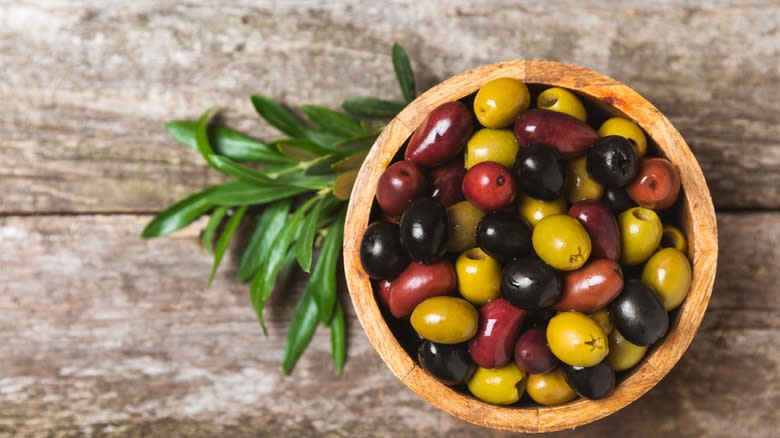 Various olives in bowl
