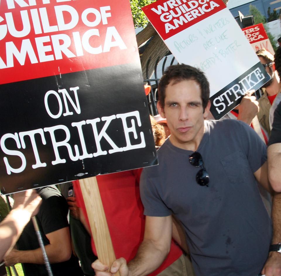 Ben Stiller pickets in support of the Writers Guild of America in front of the Universal Studios Lot on November 13, 2007, in Universal City, California.
