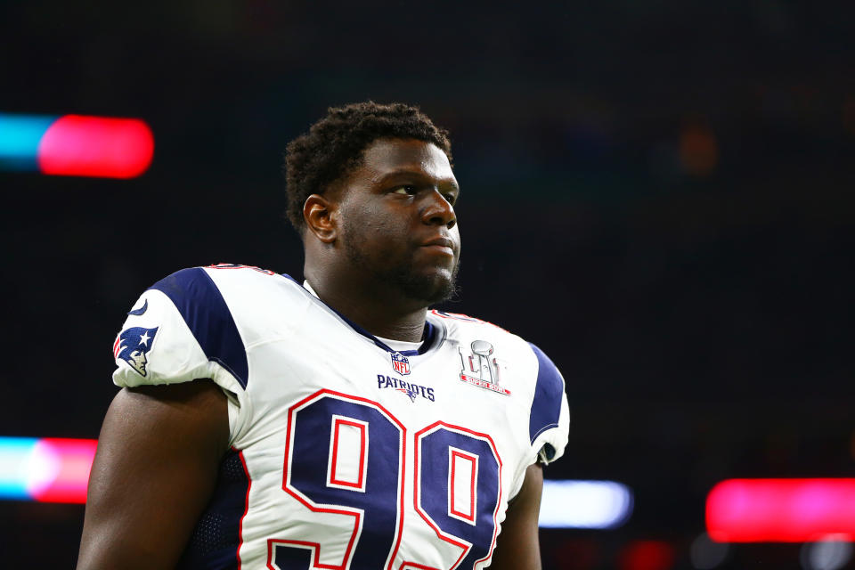 Feb 5, 2017; Houston, TX, USA; New England Patriots defensive tackle Vincent Valentine (99) against the <a class="link " href="https://sports.yahoo.com/nfl/teams/atlanta/" data-i13n="sec:content-canvas;subsec:anchor_text;elm:context_link" data-ylk="slk:Atlanta Falcons;sec:content-canvas;subsec:anchor_text;elm:context_link;itc:0">Atlanta Falcons</a> during Super Bowl LI at NRG Stadium. Mandatory Credit: Mark J. Rebilas-USA TODAY Sports