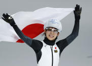 <p>Gold medalist Nana Takagi of Japan celebrates with the national flag after the womenâs mass start final speedskating race at the Gangneung Oval at the 2018 Winter Olympics in Gangneung, South Korea, Saturday, Feb. 24, 2018. (AP Photo/John Locher) </p>