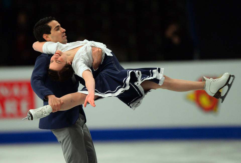 Italian ice dance pair Anna Cappellini and Luca Lanotte perform their short dance programme during the ISU European Figure Skating Championships on January 15, 2014 in Budapest, Hungary. (ATTILA KISBENEDEK/AFP/Getty Images)