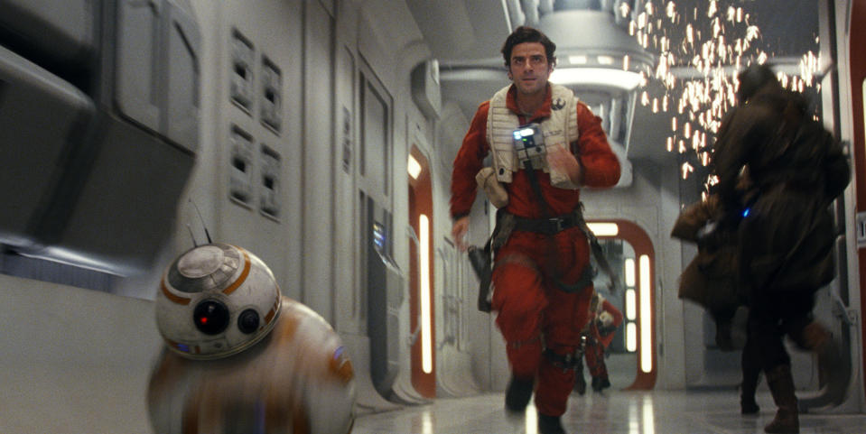 This image released by Lucasfilm shows Oscar Isaac as Poe Dameron in a scene from the upcoming "Star Wars: The Last Jedi," expected in theaters in December. (Industrial Light & Magic/Lucasfilm via AP)