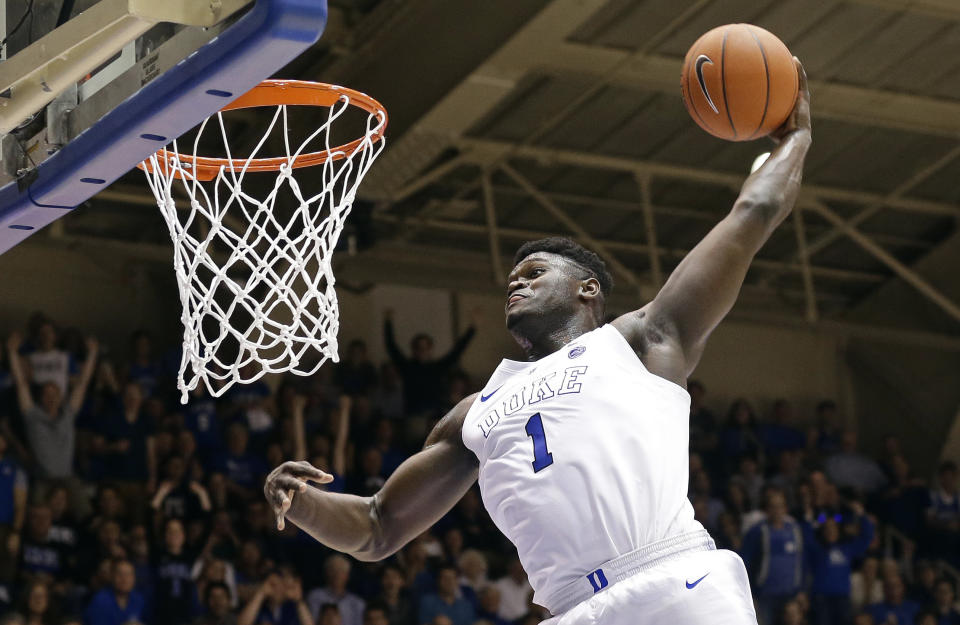 Duke's Zion Williamson (1) dunks during the second half of an NCAA college basketball game against Clemson in Durham, N.C., Saturday, Jan. 5, 2019. Duke won 87-68. (AP Photo/Gerry Broome)