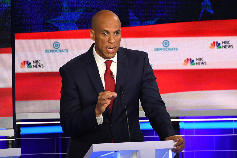 Democratic presidential hopeful US Senator from New Jersey Cory Booker participates in the first Democratic primary debate of the 2020 presidential campaign season hosted by NBC News at the Adrienne Arsht Center for the Performing Arts in Miami, Florida, June 26, 2019. | Jim Watson—AFP/Getty Images