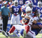 <p>Arizona Cardinals quarterback Carson Palmer (3) is sacked by Buffalo Bills outside linebackers Jerry Hughes (55) and Lorenzo Alexander during the first half of an NFL football game on Sept. 25, 2016, in Orchard Park, N.Y. (Photo: Bill Wippert/AP)</p>