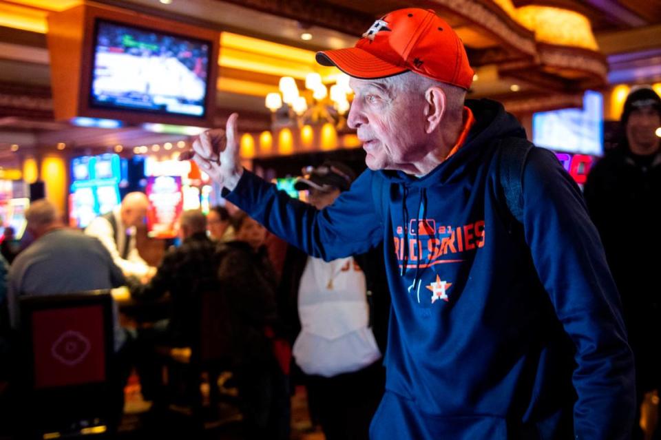 Jim McIngvale, better known as ‘Mattress Mack’, walks through the Beau Rivage Casino in Biloxi to make a $500,000 bet on the winner of the NCAA Men’s Basketball Tournament on Tuesday, Nov. 15, 2022. McIngvale, who won $75 million after betting on the Houston Astros in the 2022 World Series, bet that the Houston Cougars would win.