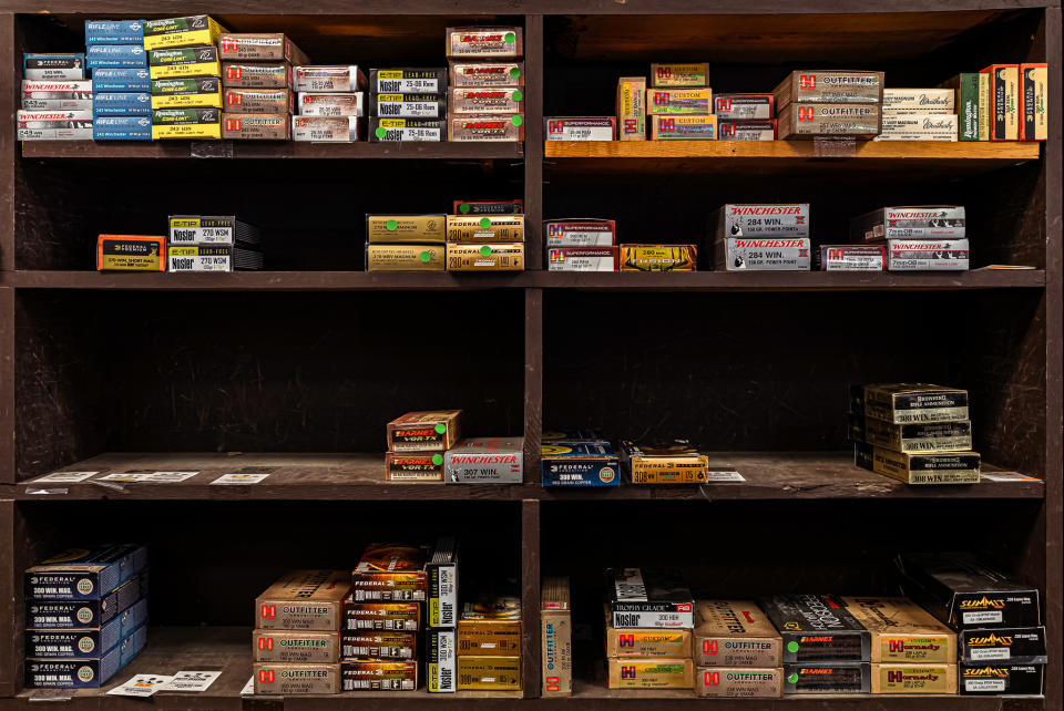 Ammunition on a shelf in a California gun shop.