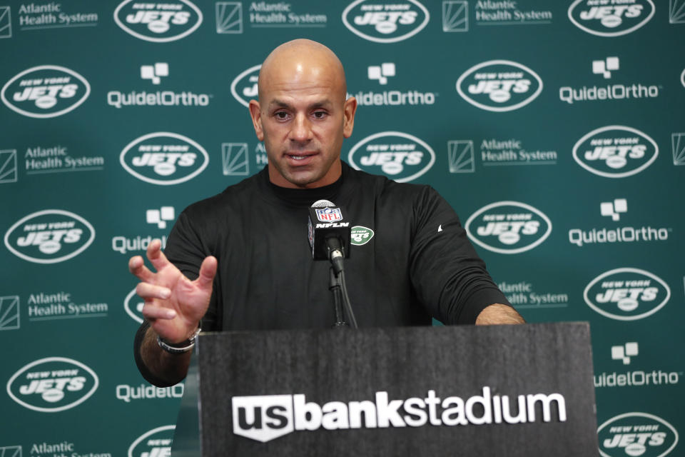 New York Jets head coach Robert Saleh speaks during a news conference after an NFL football game against the Minnesota Vikings, Sunday, Dec. 4, 2022, in Minneapolis. The Vikings won 27-22. (AP Photo/Bruce Kluckhohn)
