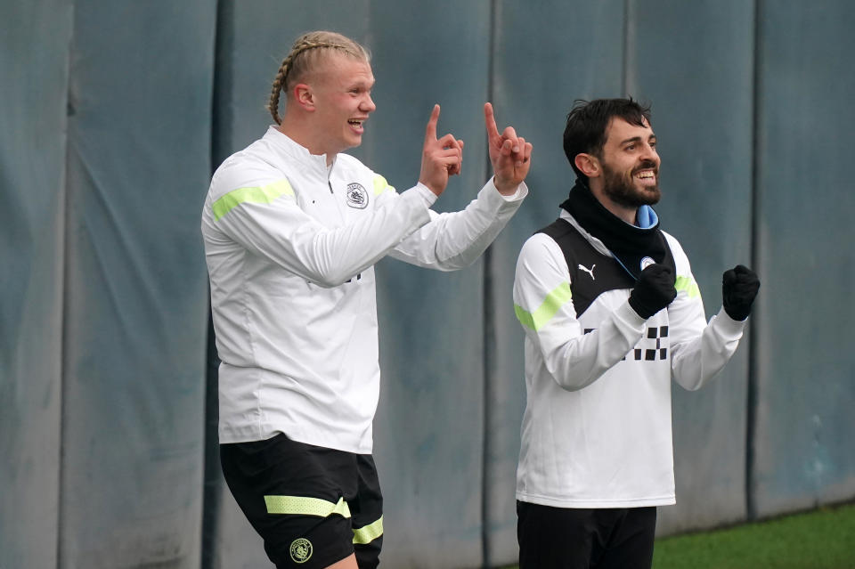 Manchester City's Erling Haaland and Bernardo Silva and during a training session at the City Football Academy, Manchester. Picture date: Monday April 10, 2023. (Photo by Mike Egerton/PA Images via Getty Images)