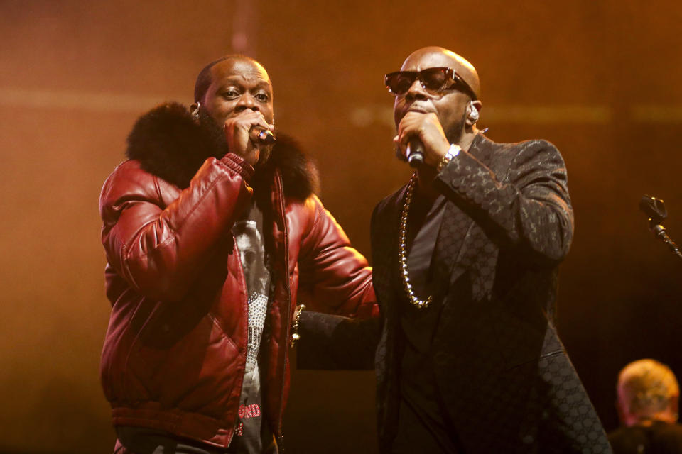 Pras, left, and Wyclef Jean perform during "The Miseducation of Lauryn Hill" 25th anniversary tour on Tuesday, Oct. 17, 2023, at the Prudential Center in Newark, N.J. (Photo by Andy Kropa/Invision/AP)