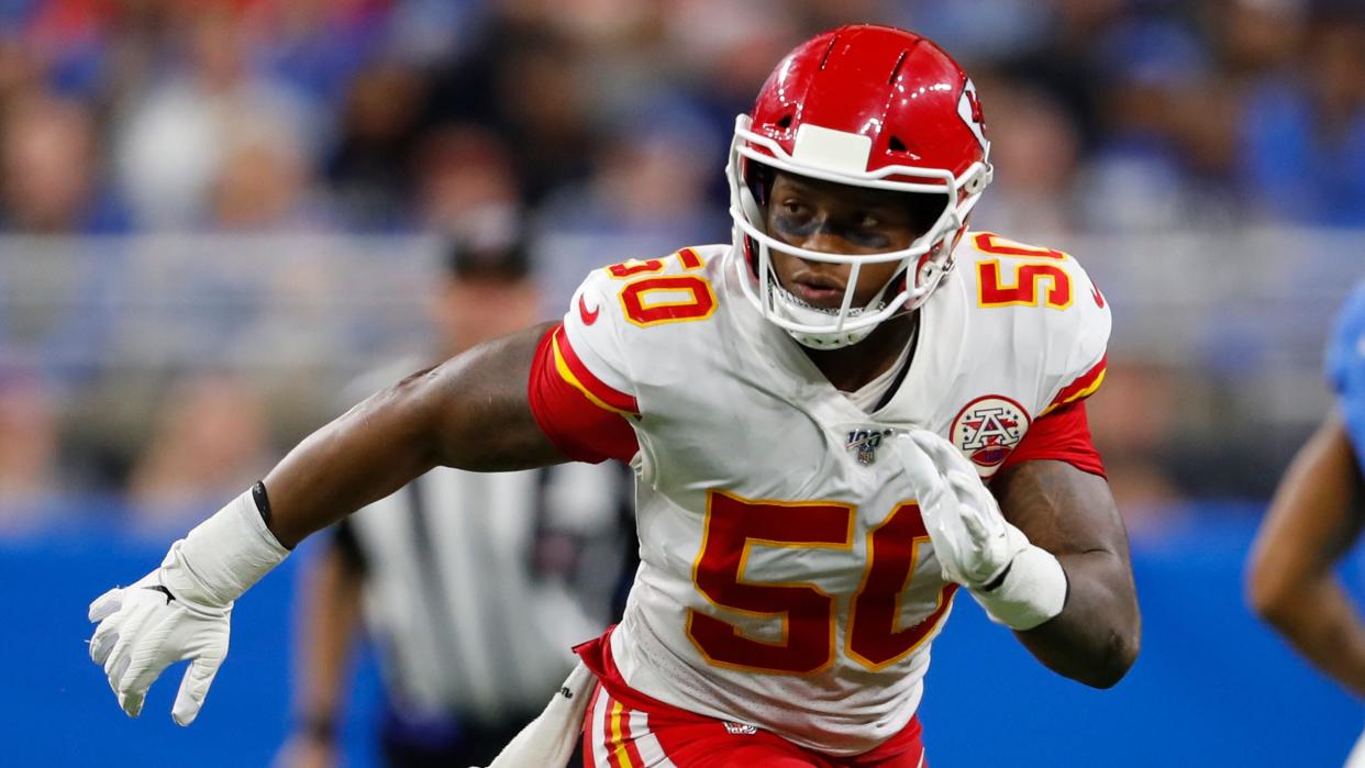 Kansas City Chiefs inside linebacker Darron Lee (50) plays against the Detroit Lions during an NFL football game in Detroit, Sunday, Sept. 29, 2019. (AP Photo/Paul Sancya)