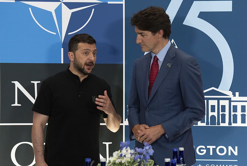 Canada's Prime Minister Justin Trudeau talks with Ukrainian President Volodymyr Zelenskyy at the NATO Summit in Washington.