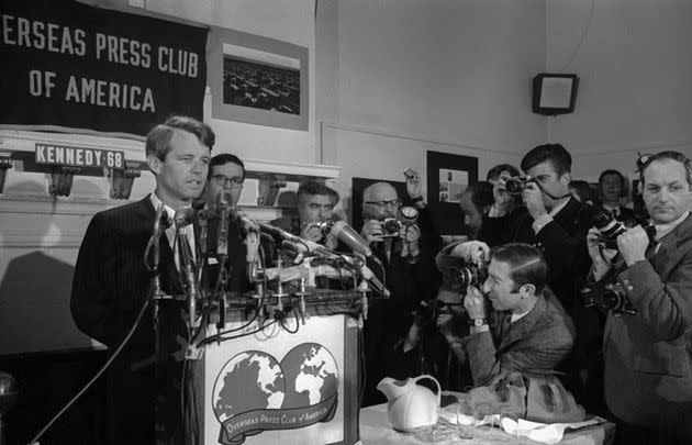 Robert Kennedy speaks at a press conference on April 1, 1968, in New York City.