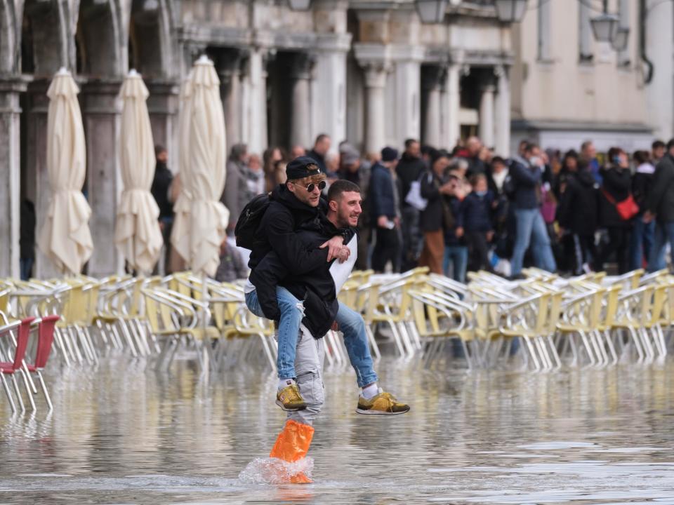 Flooded St. Mark's Square during seasonally high water in Venice, Italy, November 7, 2021.