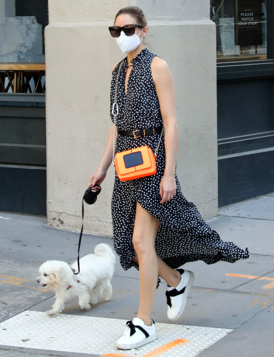 <p>Olivia Palermo gets all dressed up for a Saturday walk with her dog in New York City.</p>