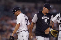 Detroit Tigers relief pitcher Will Vest is relieved by manager A.J. Hinch during the fifth inning of a baseball game against the Tampa Bay Rays, Friday, Aug. 5, 2022, in Detroit. (AP Photo/Carlos Osorio)