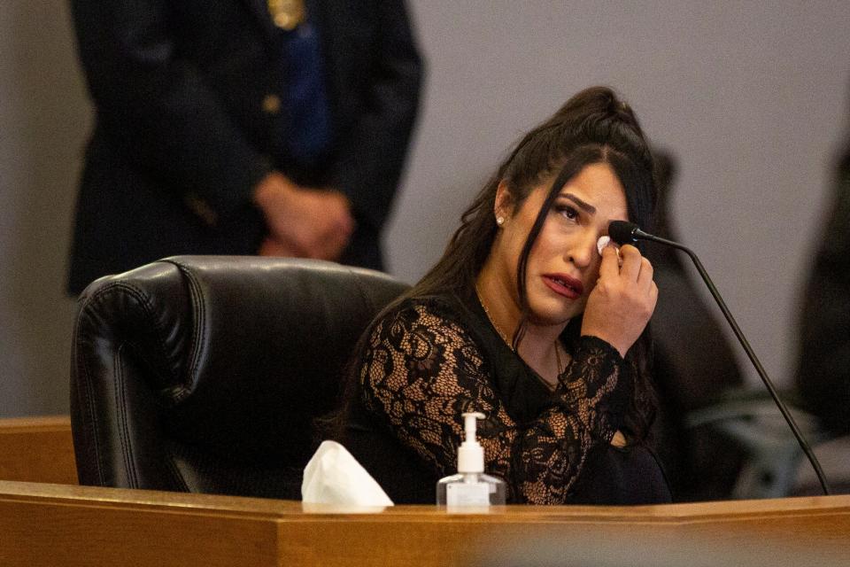 Saundra Gonzales wipes tears from her eyes during the trial of Lalo Anthony Castrillo IV on Monday, August 28, 2023, at the 3rd Judicial District Court. Castrillo is accused of killing Gonzales’ two-year-old Faviola Rodriguez.