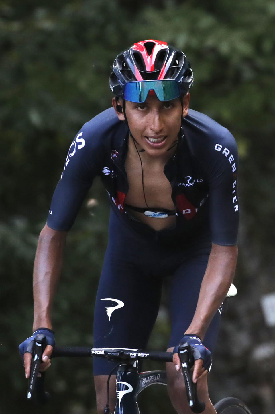 Colombia's Egan Bernal climbs Grand Colombier during the stage 15 of the Tour de France cycling race over 174 kilometers (108 miles), with start in Lyon and finish in Grand Colombier, Sunday, Sept. 13, 2020. (AP Photo/Christophe Ena)