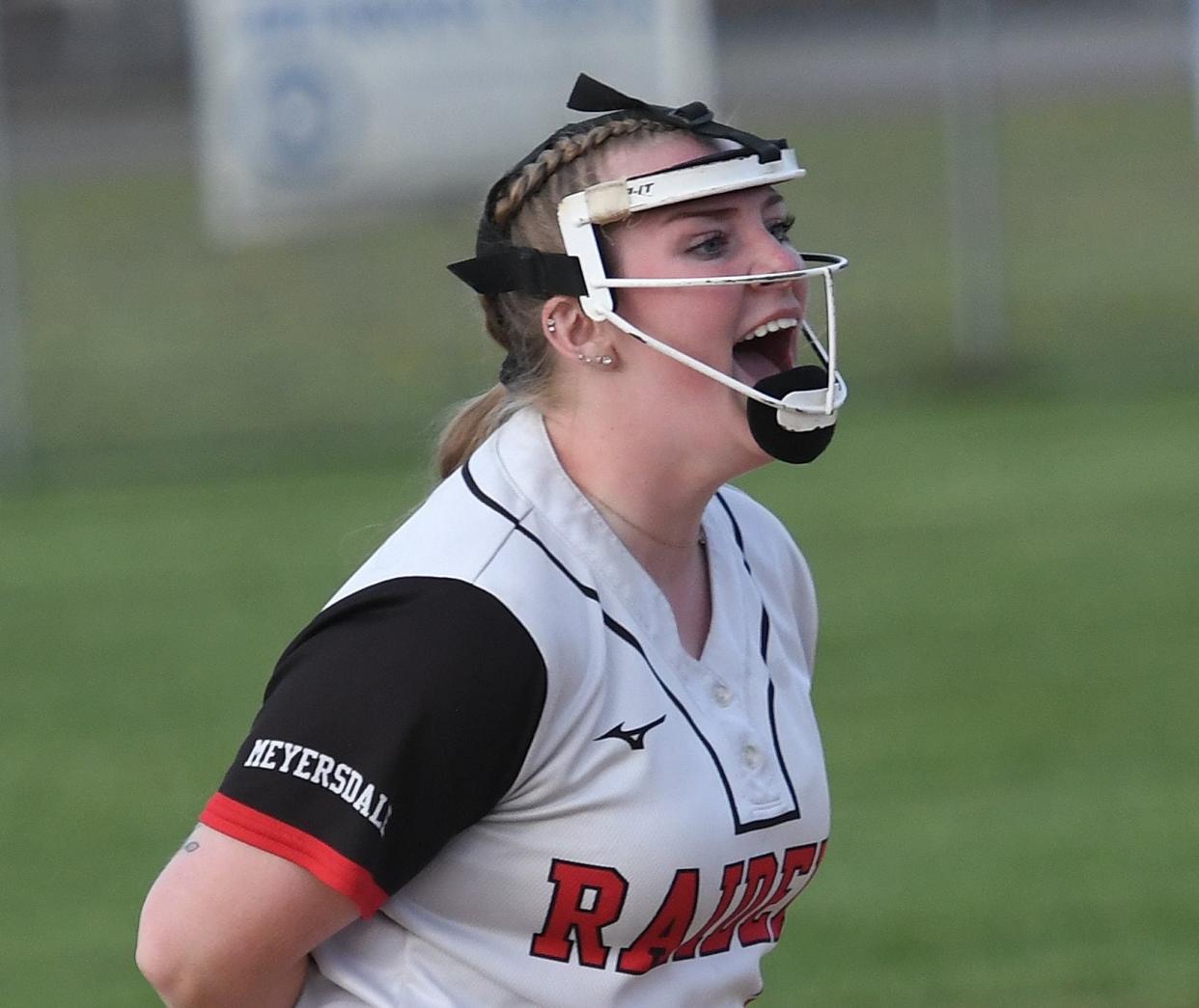 Meyersdale pitcher Izabella Donaldson reacts after recording her 13th strikeout to end the game against Berlin Brothersvalley during an Inter-County Conference softball matchup, April 25, in Meyersdale.