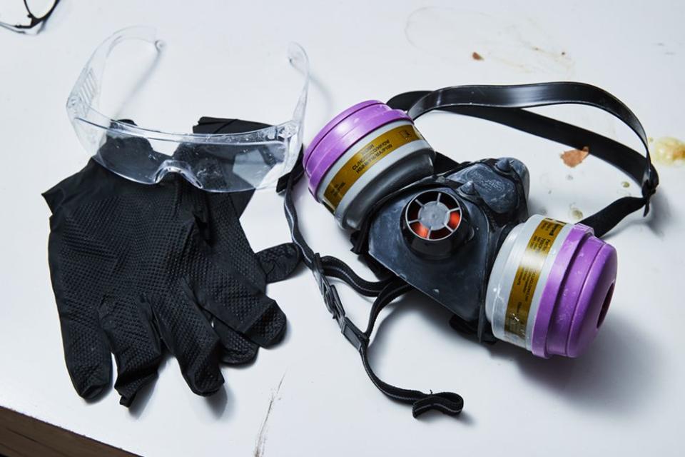 gloves, goggles, and a cartridge respirator