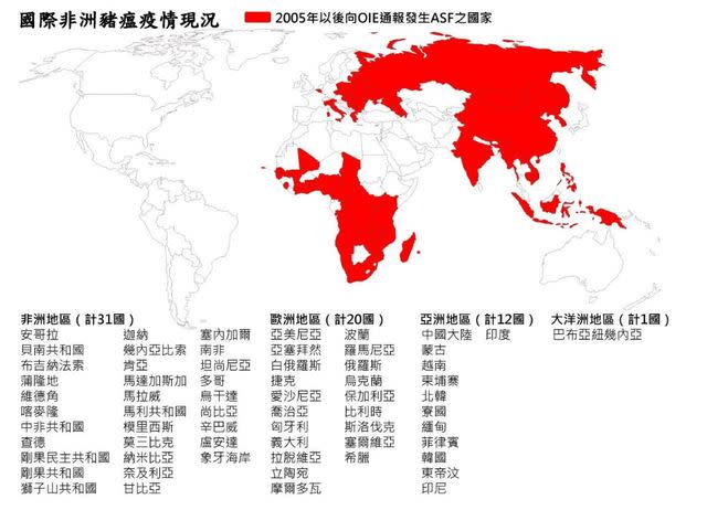 國際非洲豬瘟疫情現況。(中央災害應變中心提供)