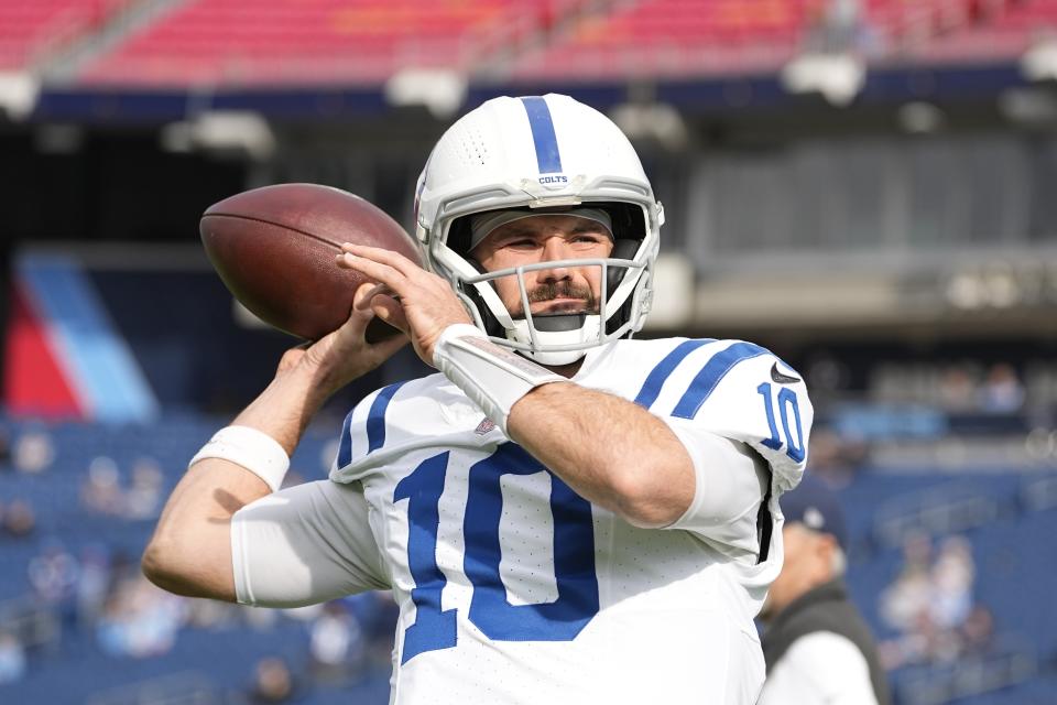 Indianapolis Colts quarterback Gardner Minshew throws before an NFL football game against the Tennessee Titans Sunday, Dec. 3, 2023, in Nashville, Tenn. (AP Photo/George Walker IV)