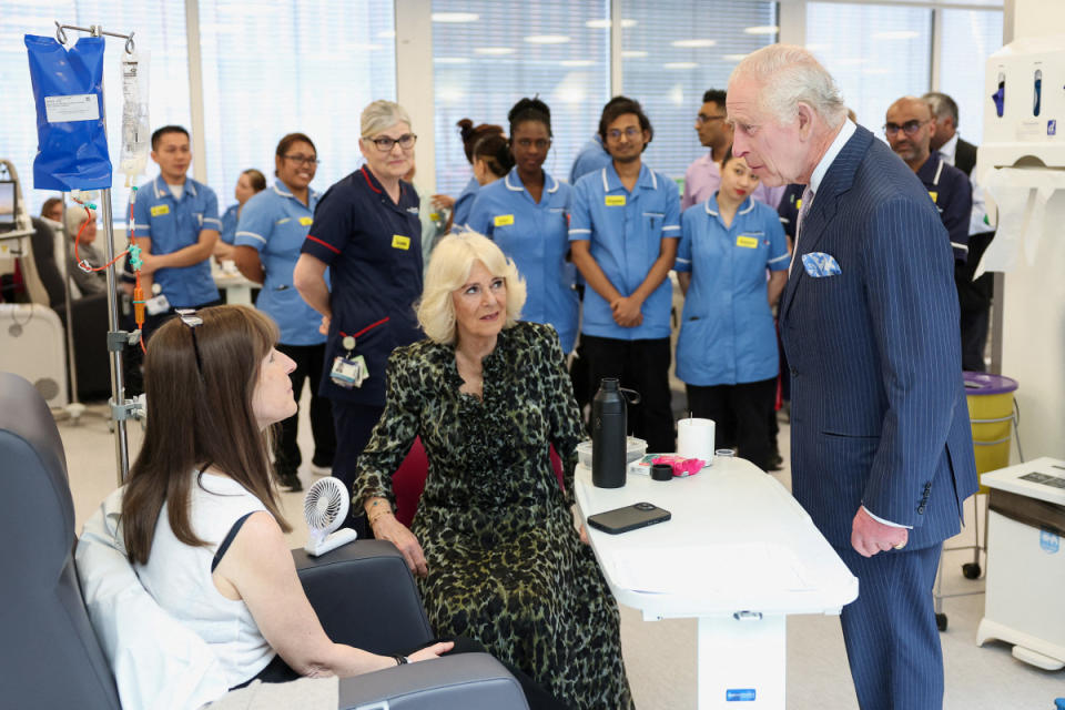 LONDON, ENGLAND - APRIL 30: King Charles III and Queen Camilla meet with patient Jo Irons during a visit to the University College Hospital Macmillan Cancer Centre on April 30, 2024, in London, England. (Photo by Suzanne Plunkett - WPA Pool/Getty Images)<p>WPA Pool/Getty Images</p>