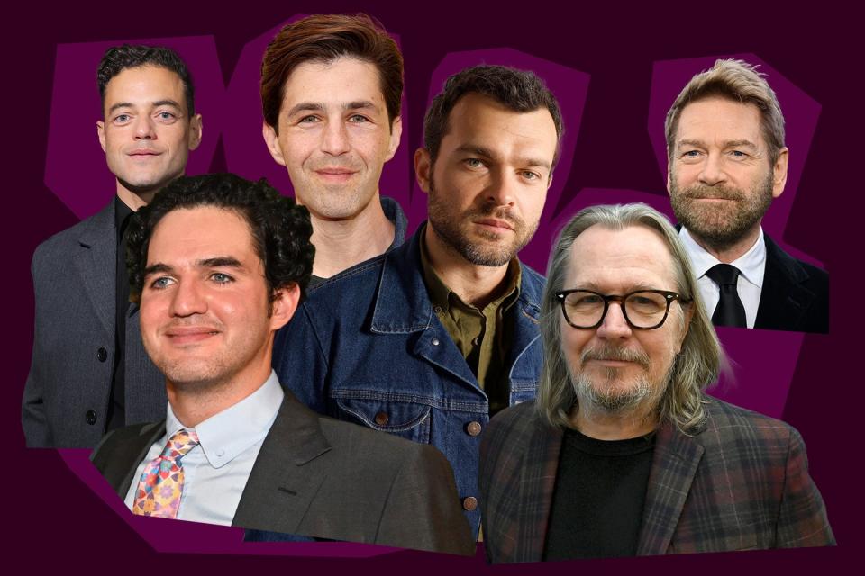 A purple background with cutouts of celebrities' photos from shoulders up. In order from left to right, top row and then bottom row: Rami Malek, Josh Peck, Alden Ehrenreich, Kenneth Branagh, Benny Safdie, and Gary Oldman.