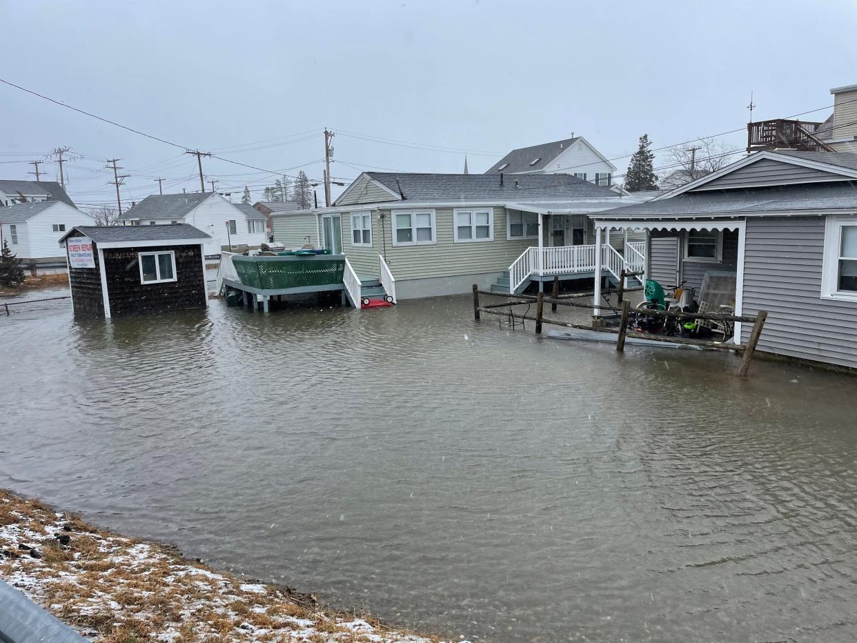 Several roads were closed at Hampton Beach due to coastal flooding from high tide Thursday, April 4, 2024, as a spring storm hit the Seacoast.