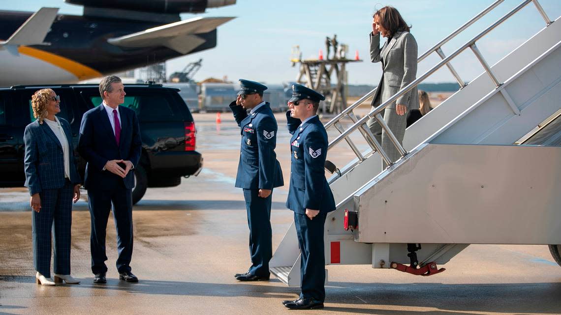 Vice President Kamala Harris is greeted by North Carolina Governor Roy Cooper and Durham Mayor Elaine O’Neal as she arrives on Monday, January 30, 2023 at RDU International Airport in Morrisville, N.C.