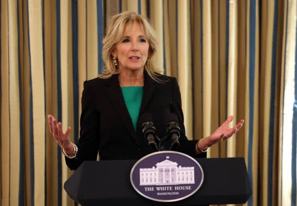 First lady Jill Biden speaks during a media preview for the upcoming State Dinner for French president Macron at the White House on 30 November 2022 in Washington, DC (Getty Images)