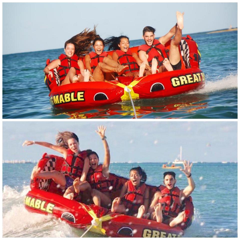 <p>Además de disfrutar de la familia, la playa y el relax caribeño, la familia aprovechó para divertirse y practicar deportes acuáticos, como éste, en el que se los ve muy divertidos en un gomón remolcado por una lancha. - Fotos: Instagram.com/fulopcatherine / Instagram.com/karliemattei </p>