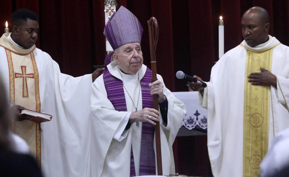 Diocese of Fresno Bishop Ameritus Armando Ochoa celebrated the funeral mass for the seven farmworkers who died in a Feb. 23 crash on a rural Madera County Road. The mas was held in the Kerman High School multi-purpose room on March 9, 2023.