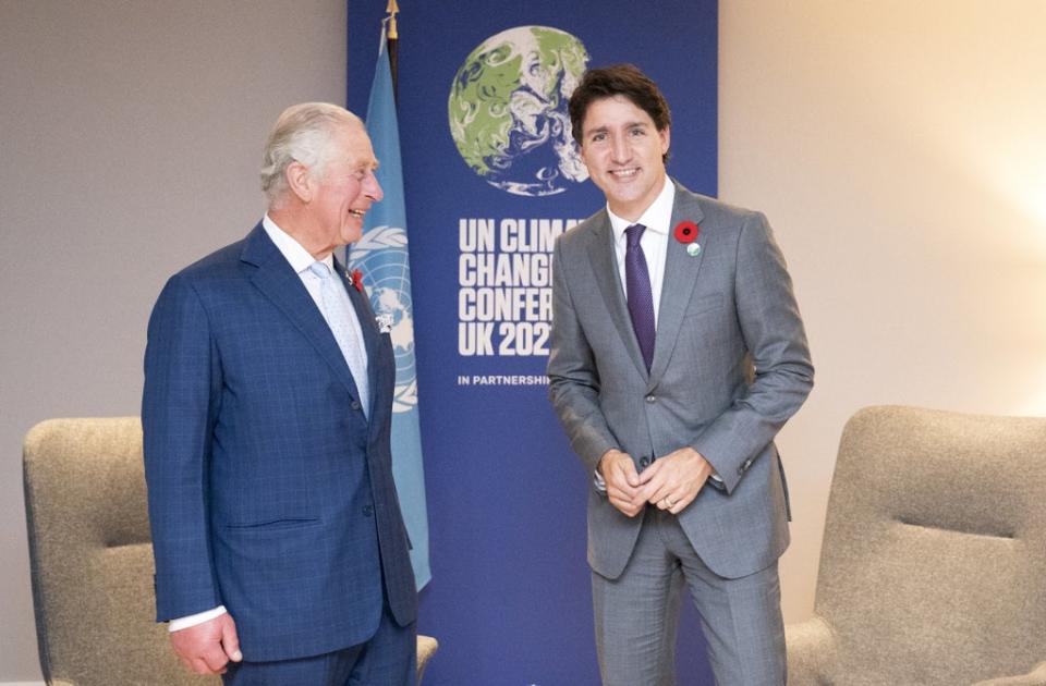 The Prince of Wales greets the Prime Minister of Canada Justin Trudeau (Jane Barlow/PA) (PA Wire)