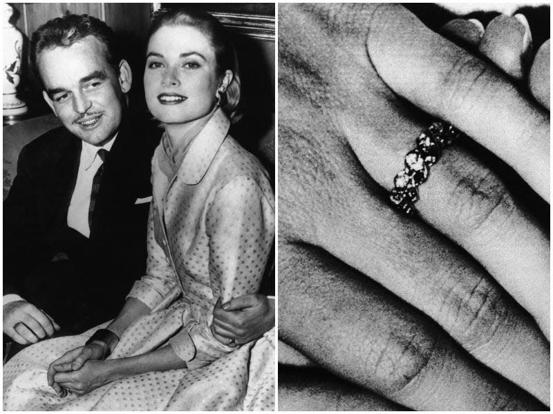 Prince Rainier III of Monaco (left) and his fiancee US actress Grace Kelly with her engagement ring in a side by side image.