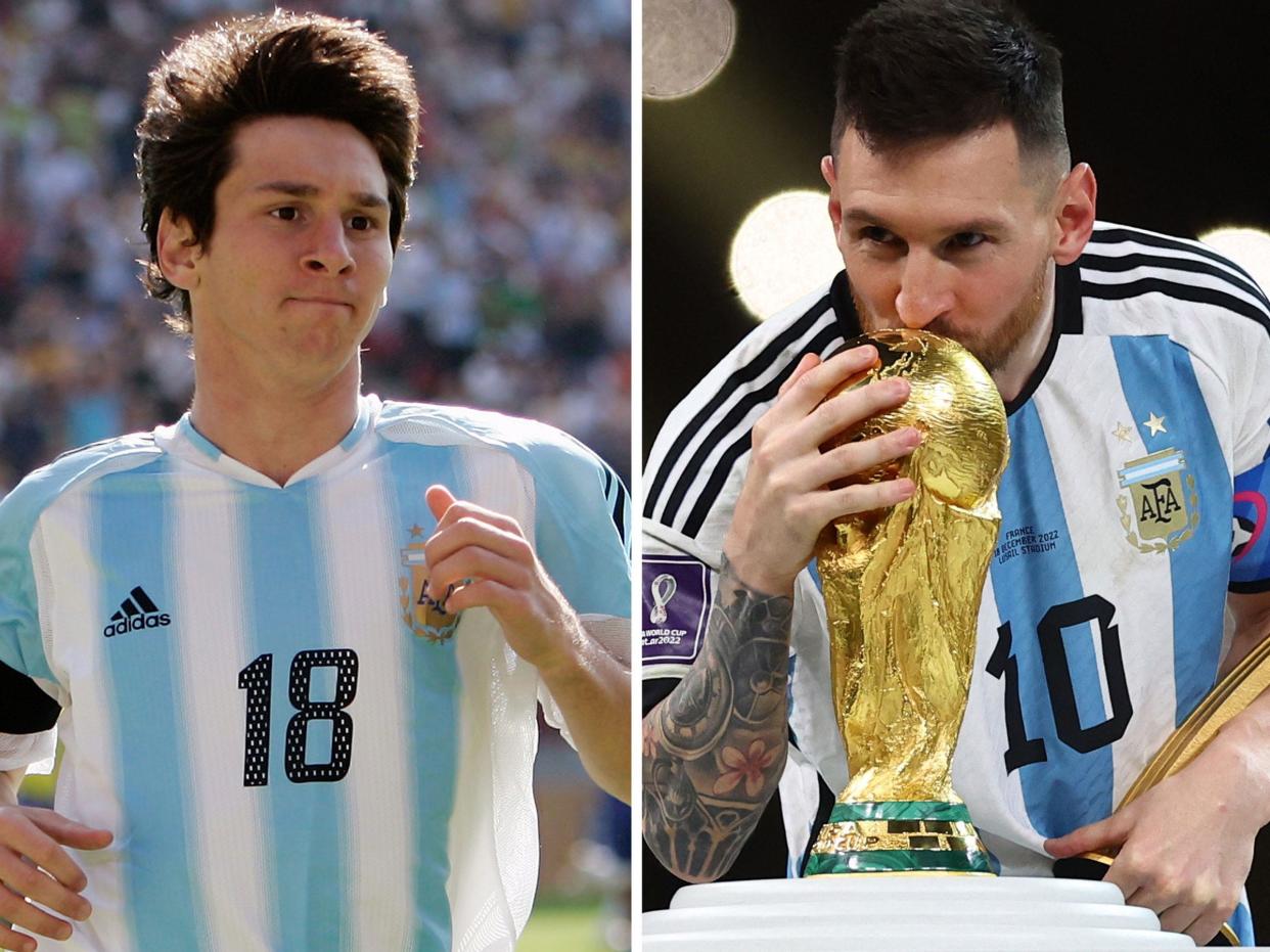 Lionel Messi competing for Argentina in 2005 (left) and 2022.