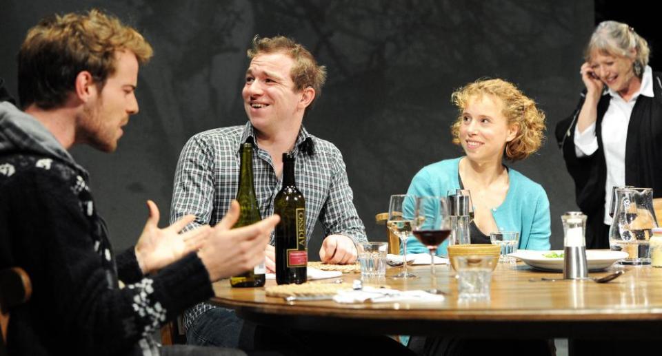 Harry Treadaway, Jacob Casselden, Michelle Terry and Kika Markham in Tribes by Nina Raineat the Royal Court, 2010, directed by Roger Michell.