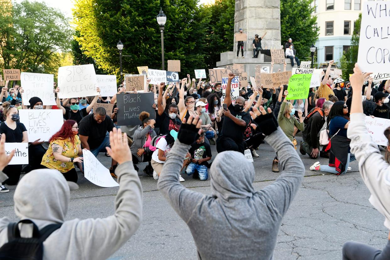 Hundreds gathered at Vance Monument in downtown Asheville June 1, 2020 to protest police brutality before continuing on to Asheville Police Department.