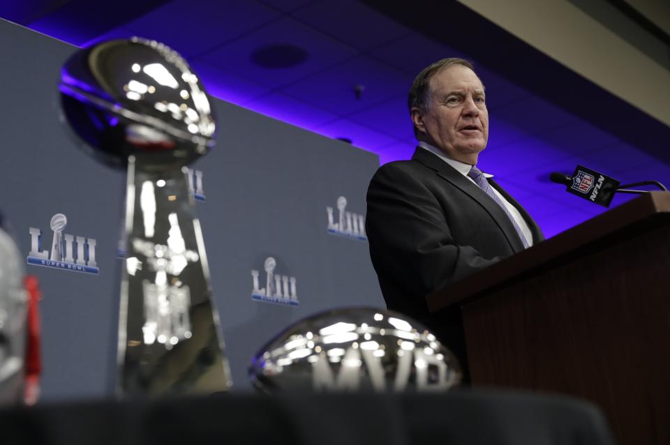 New England Patriots head coach Bill Belichick answers questions at a news conference for the NFL Super Bowl 53 football game Monday, Feb. 4, 2019, in Atlanta. The Patriots beat the Los Angeles Rams 13-3. (AP Photo/David J. Phillip)