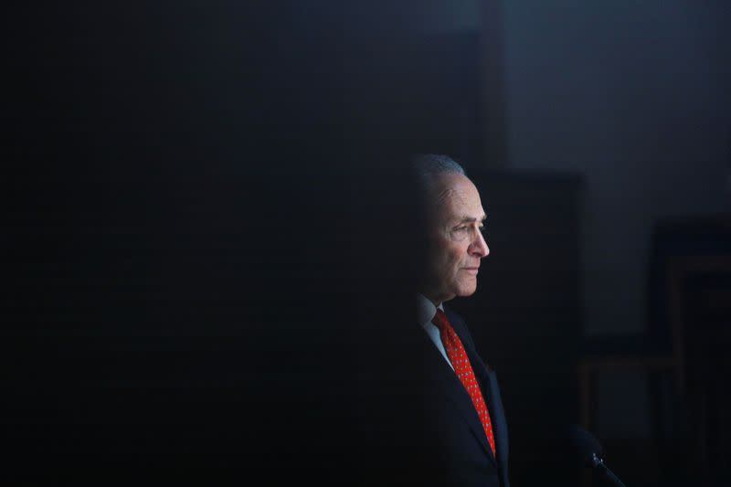 U.S. Senate Minority Leader Schumer delivers remarks during a private interview, after Congress agreed to a multi-trillion dollar economic stimulus package created in response to the economic fallout from the COVID-19 Coronavirus, on Capitol Hill in Washin