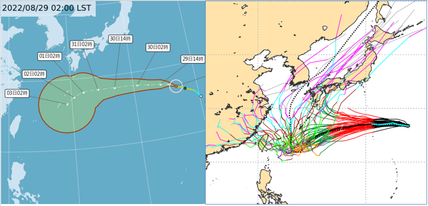 左圖：29日2時中央氣象局「路徑潛勢預圖」顯示，第11號輕颱「軒嵐諾」在日本東南方海面，偏西進行，2、3天後逐漸偏向西南西。右圖：28日20時歐洲系集模式顯示，前5天模擬路徑逐漸偏向西南西，大約5天後模擬路徑轉向北。由於轉向的位置不同，50次模擬路徑有極大的歧異。（翻攝自「三立準氣象· 老大洩天機」專欄）