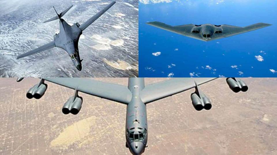 B-1B 戰略轟炸機 ( 左上 )、 B-2 隱形轟炸機 ( 右上 )、B-52 戰略轟炸機 ( 下 )   圖 : 翻攝自維基百科  ( 新頭殼合成 )